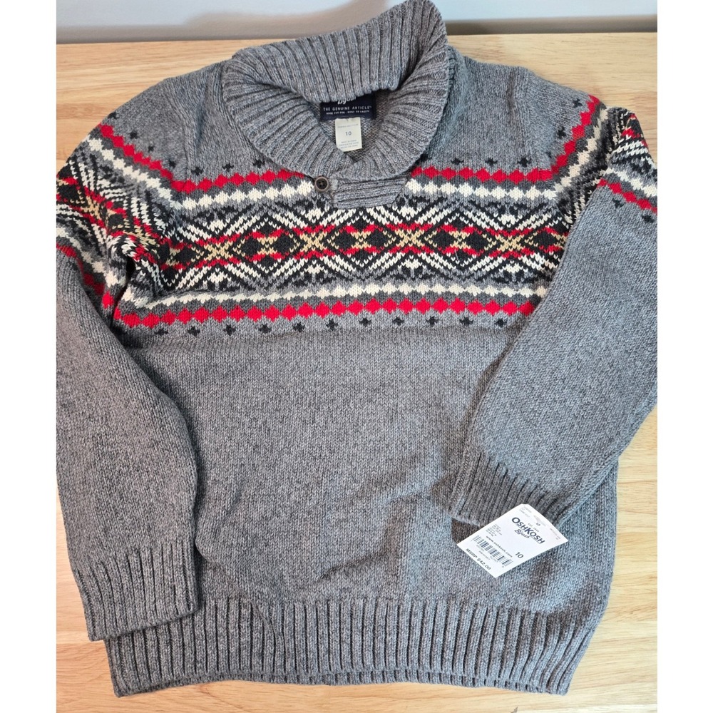 OshKosh Bgosh Boys Gray Fair Isle Shawl Collar Sweater Size 10 NWT OKT15131-10B